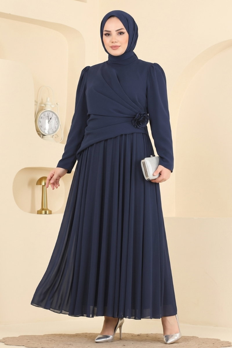 Chiffon Evening Dress with Rose Detail - Navy