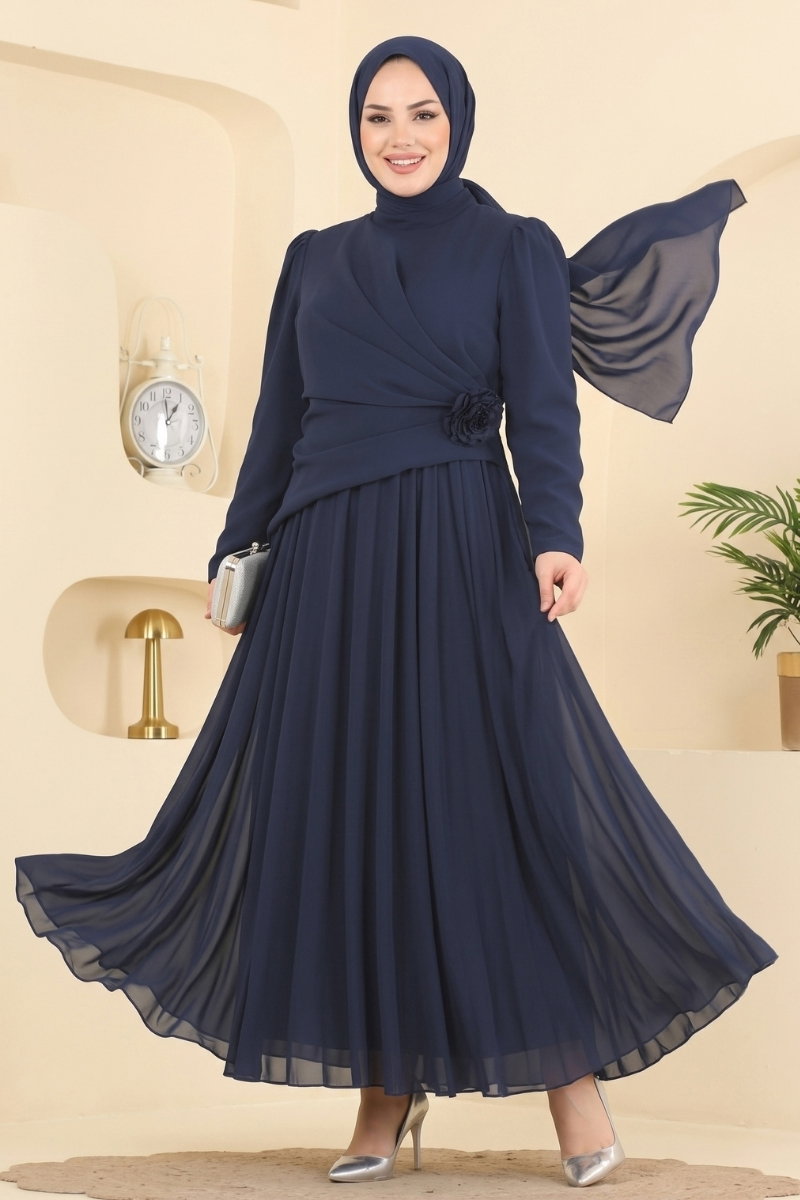 Chiffon Evening Dress with Rose Detail - Navy
