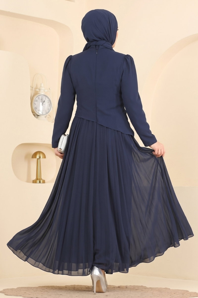 Chiffon Evening Dress with Rose Detail - Navy