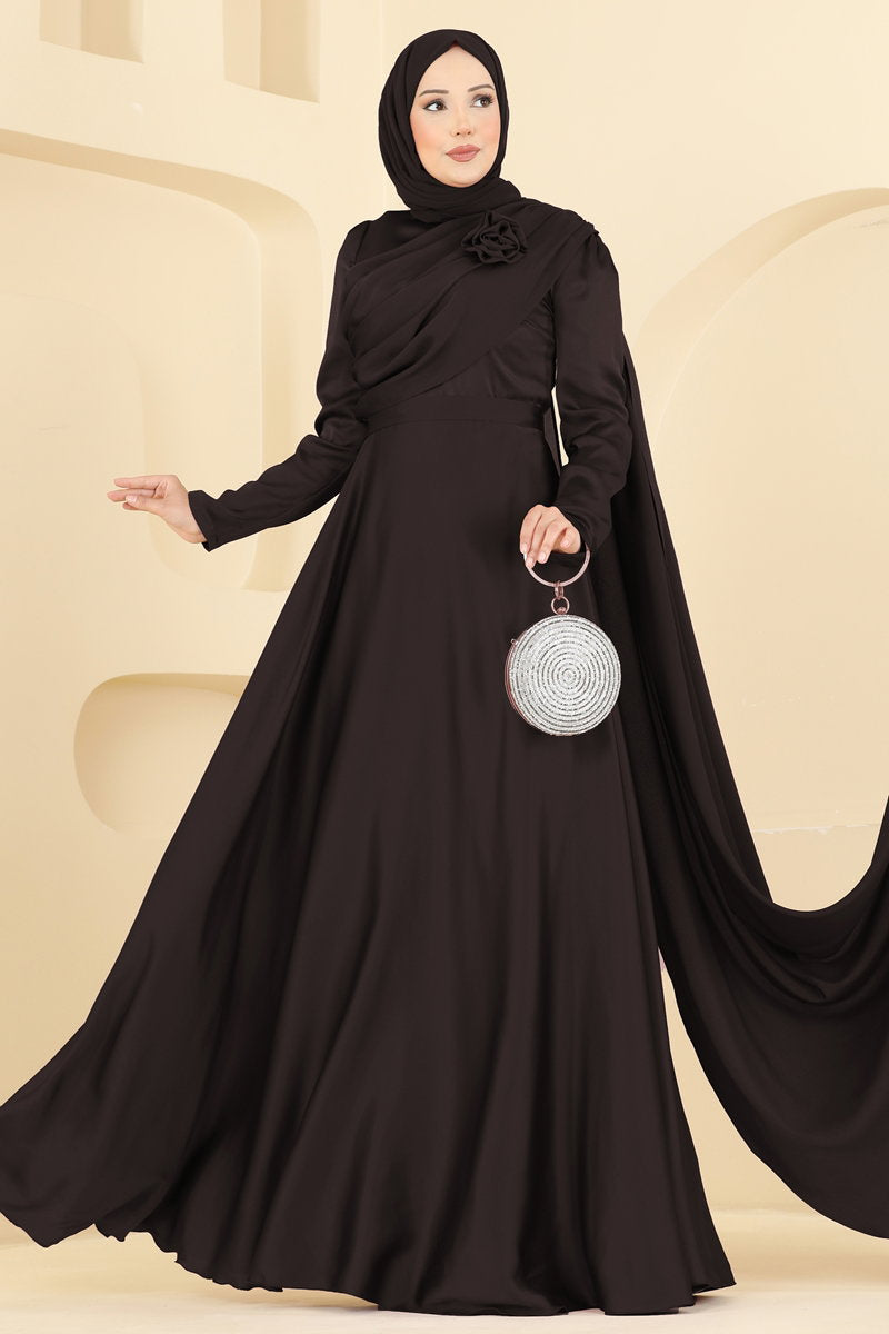 Elegant Satin Evening Dress with Rose Detail - Dark Brown