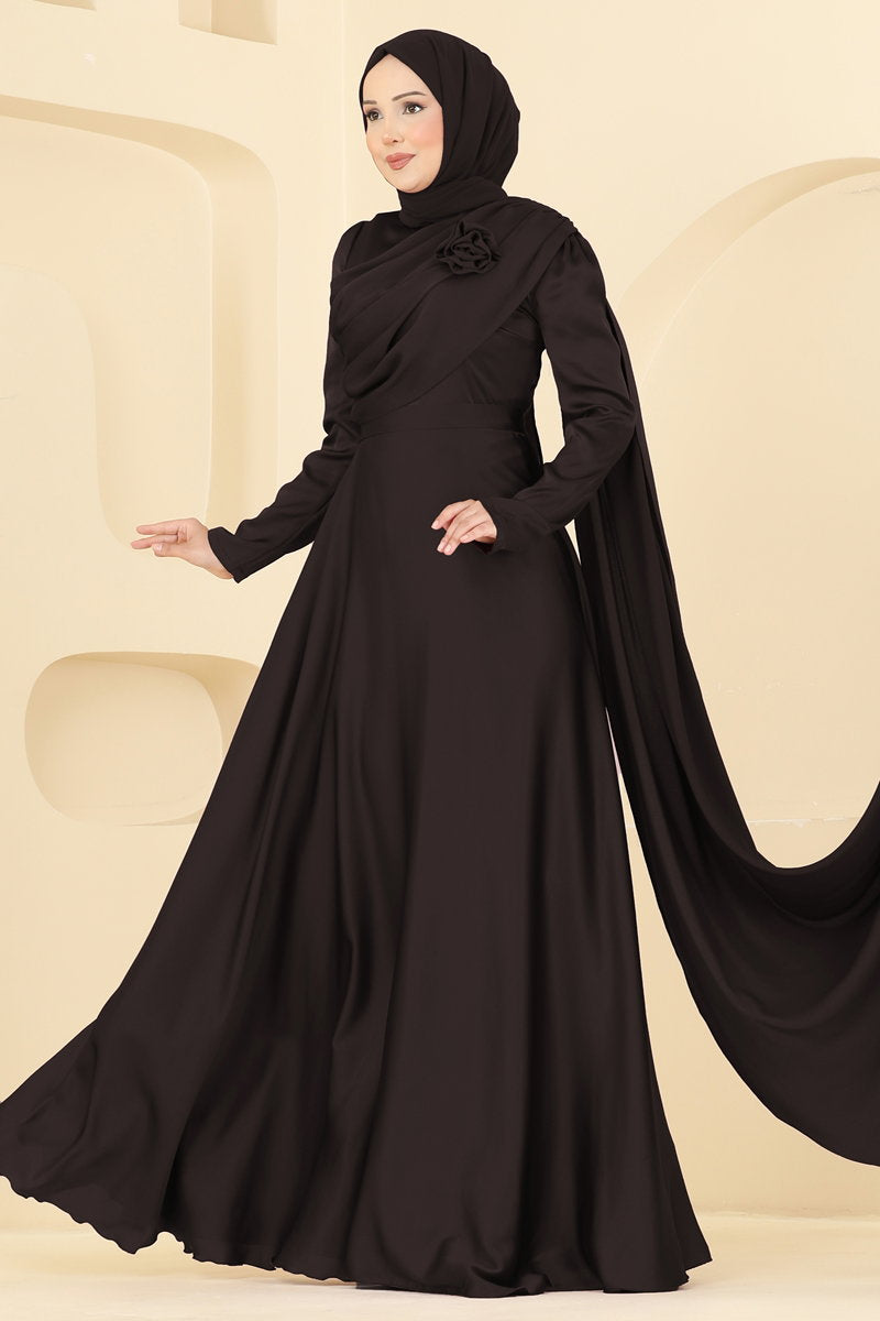 Elegant Satin Evening Dress with Rose Detail - Dark Brown