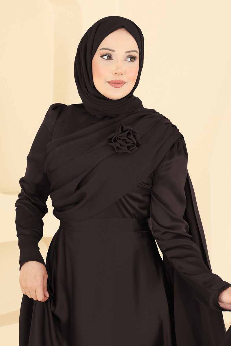 Elegant Satin Evening Dress with Rose Detail - Dark Brown