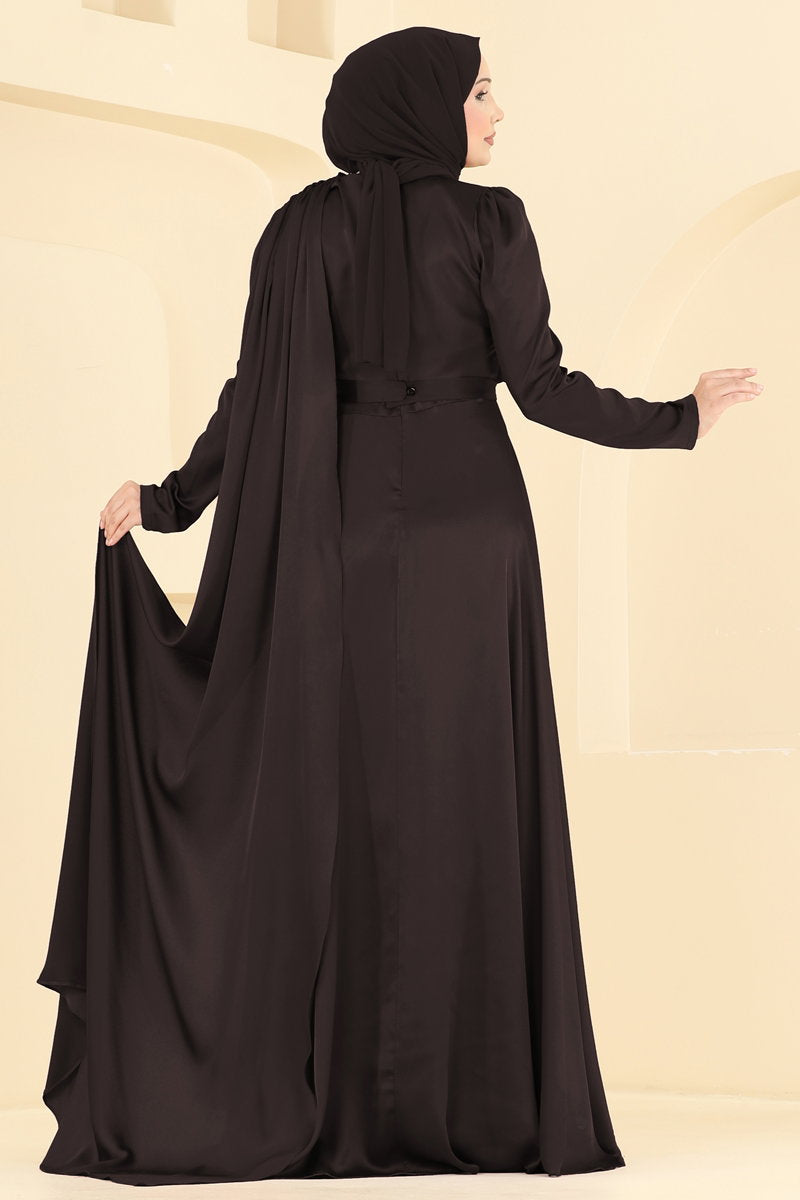 Elegant Satin Evening Dress with Rose Detail - Dark Brown