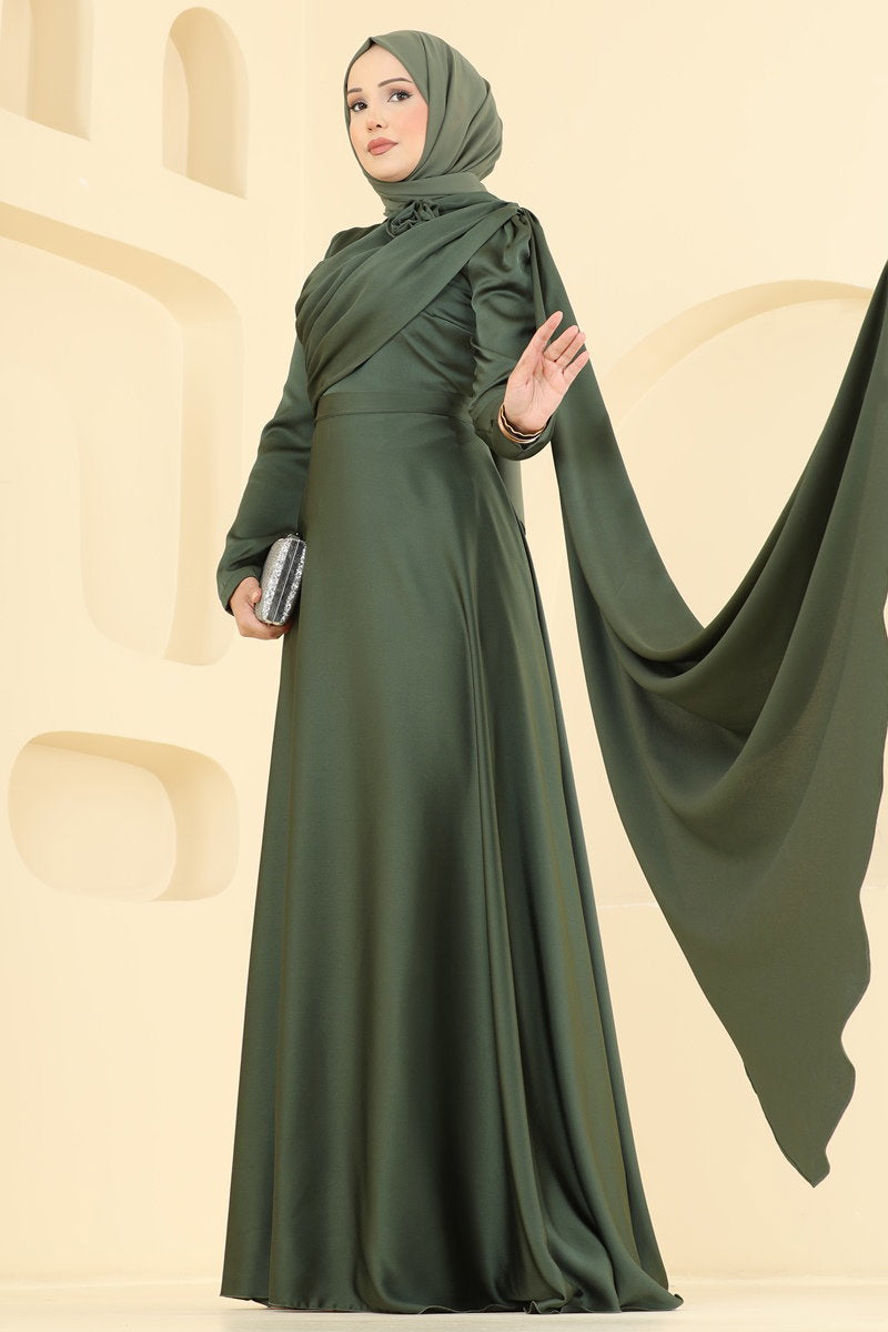 Elegant Satin Evening Dress with Rose Detail - Khaki