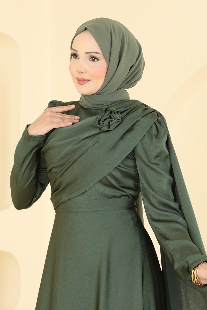 Elegant Satin Evening Dress with Rose Detail - Khaki