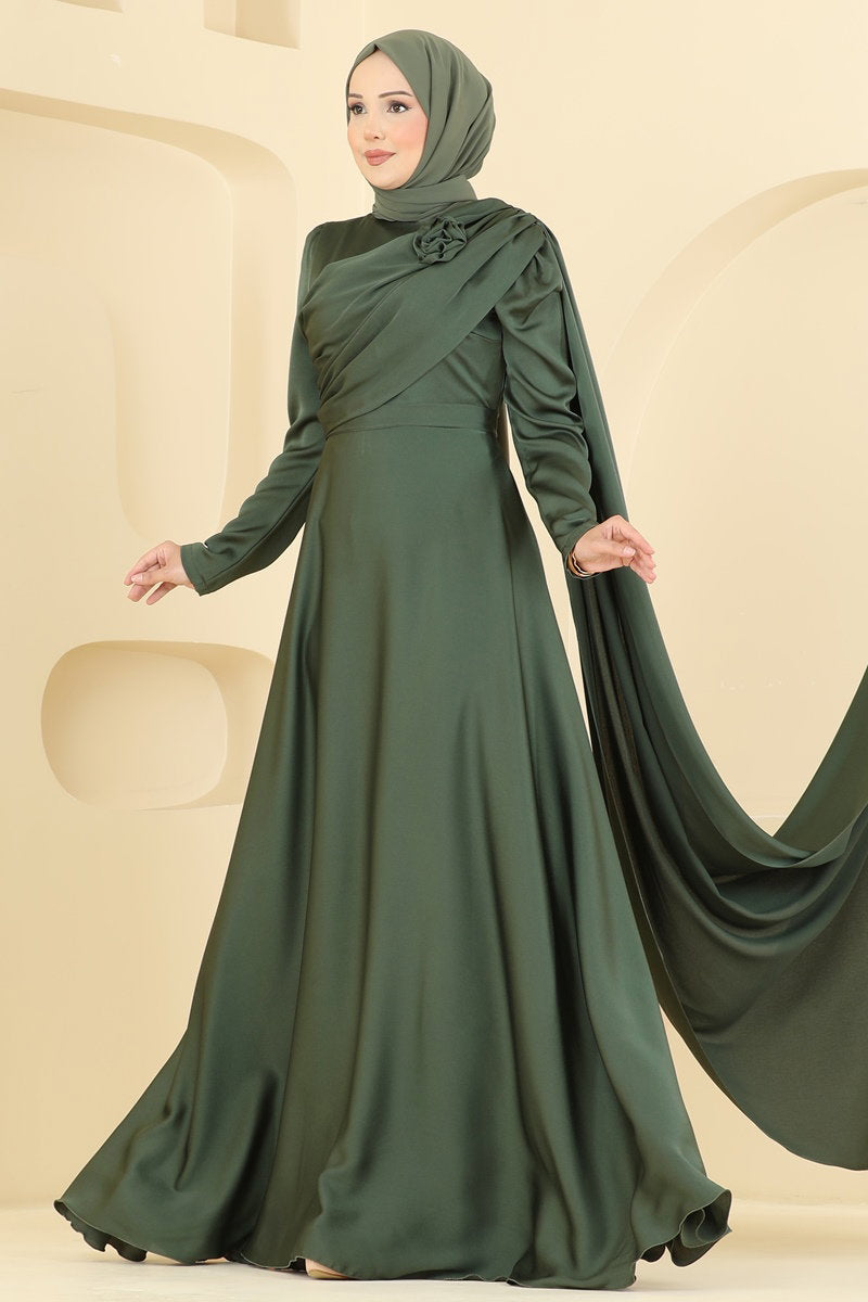 Elegant Satin Evening Dress with Rose Detail - Khaki