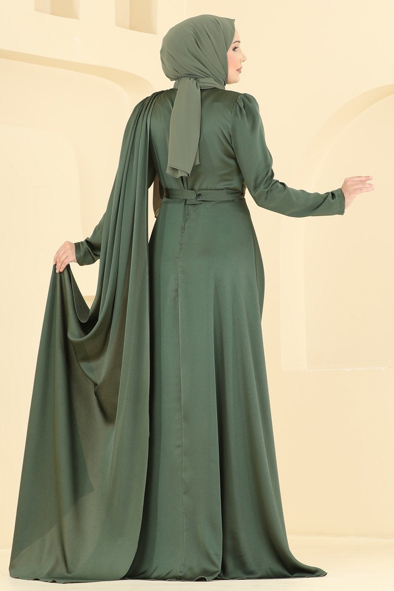 Elegant Satin Evening Dress with Rose Detail - Khaki