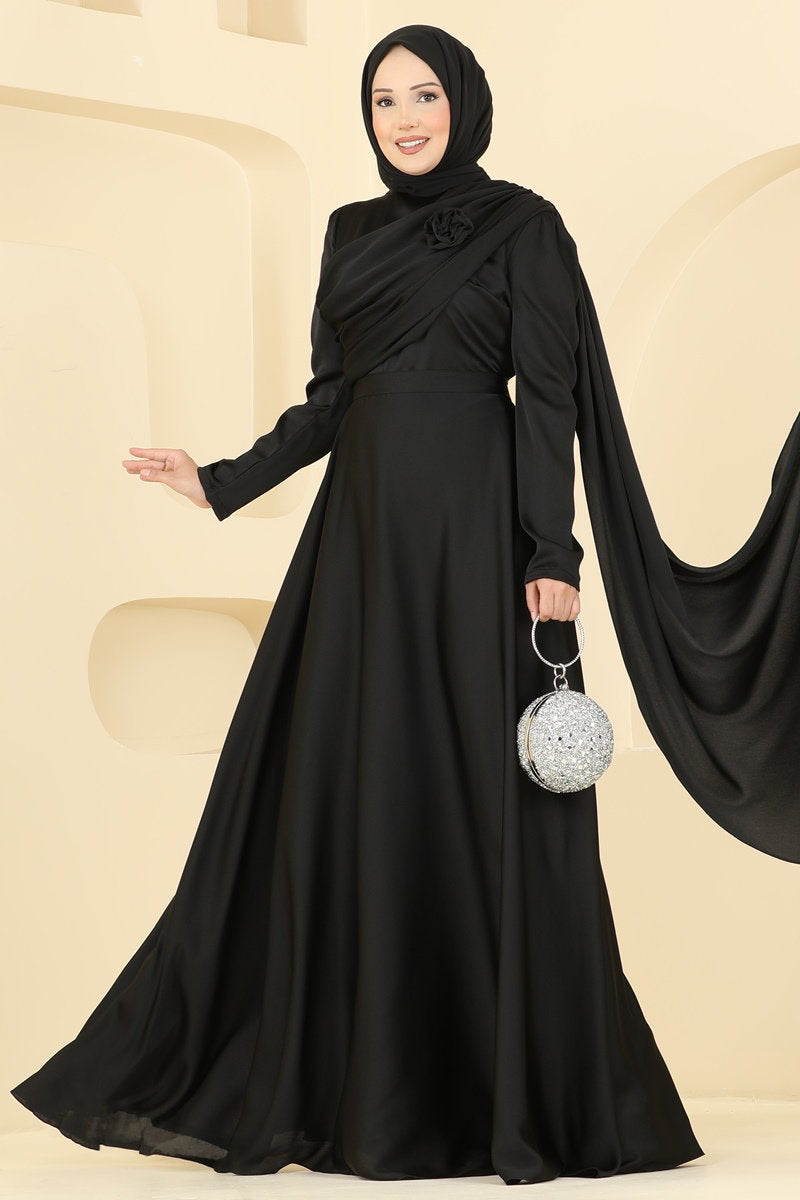 Elegant Satin Evening Dress with Rose Detail - Black
