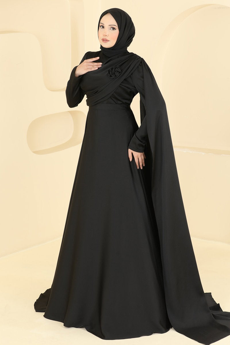 Elegant Satin Evening Dress with Rose Detail - Black