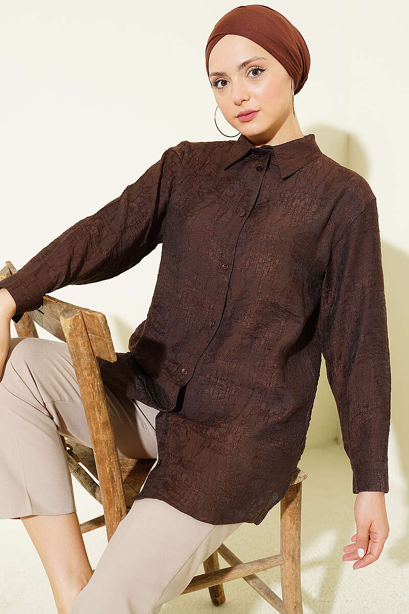 Rose Embroidered Shirt - Brown