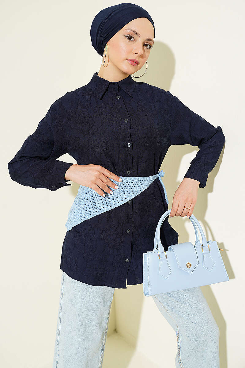 Rose Embroidered Shirt - Navy
