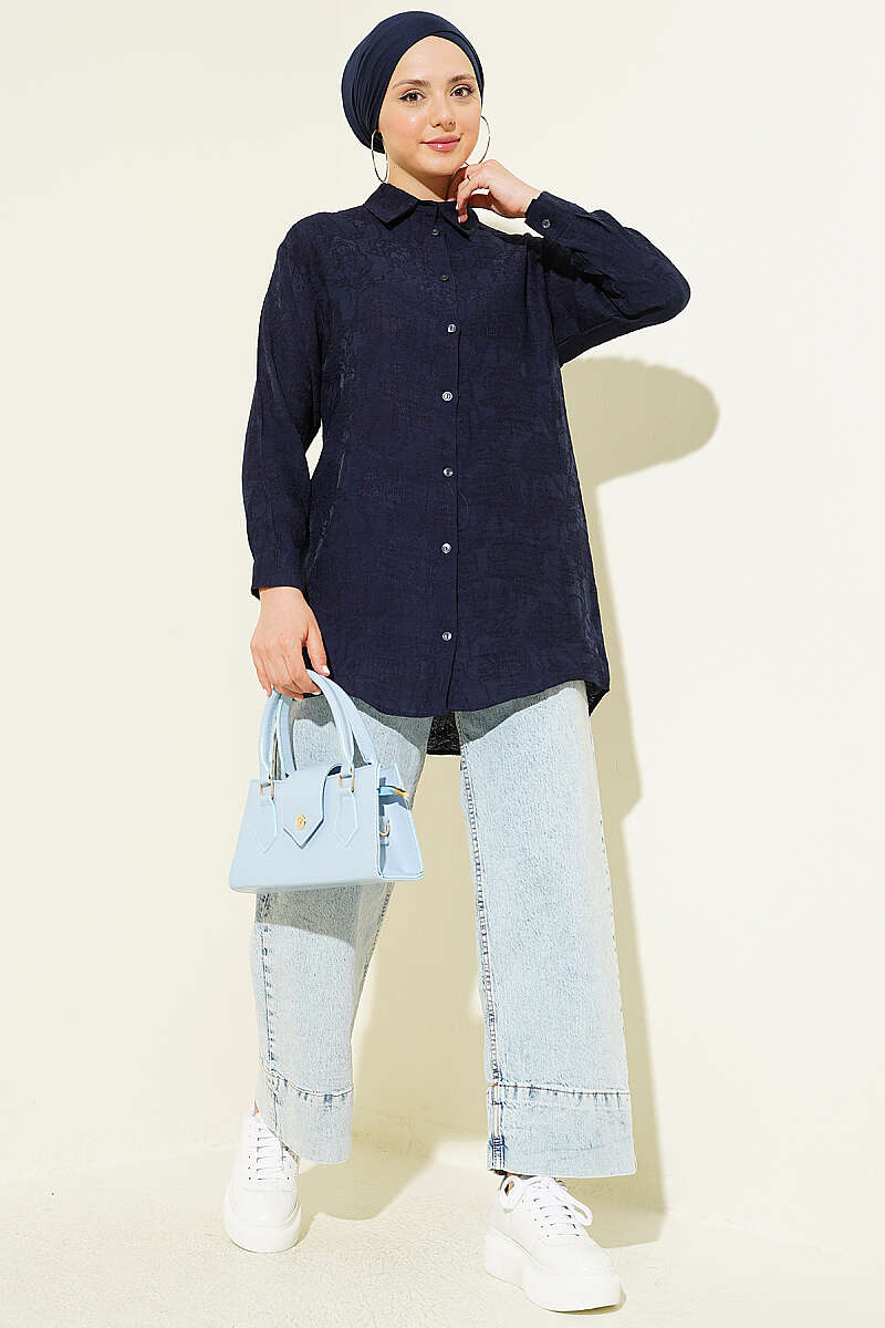 Rose Embroidered Shirt - Navy
