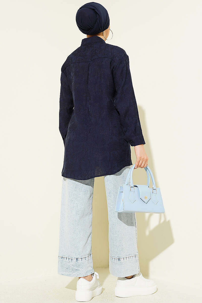 Rose Embroidered Shirt - Navy
