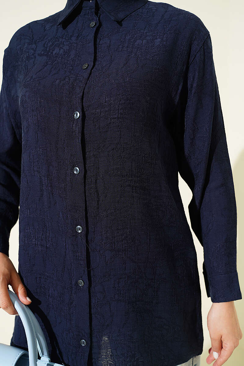 Rose Embroidered Shirt - Navy