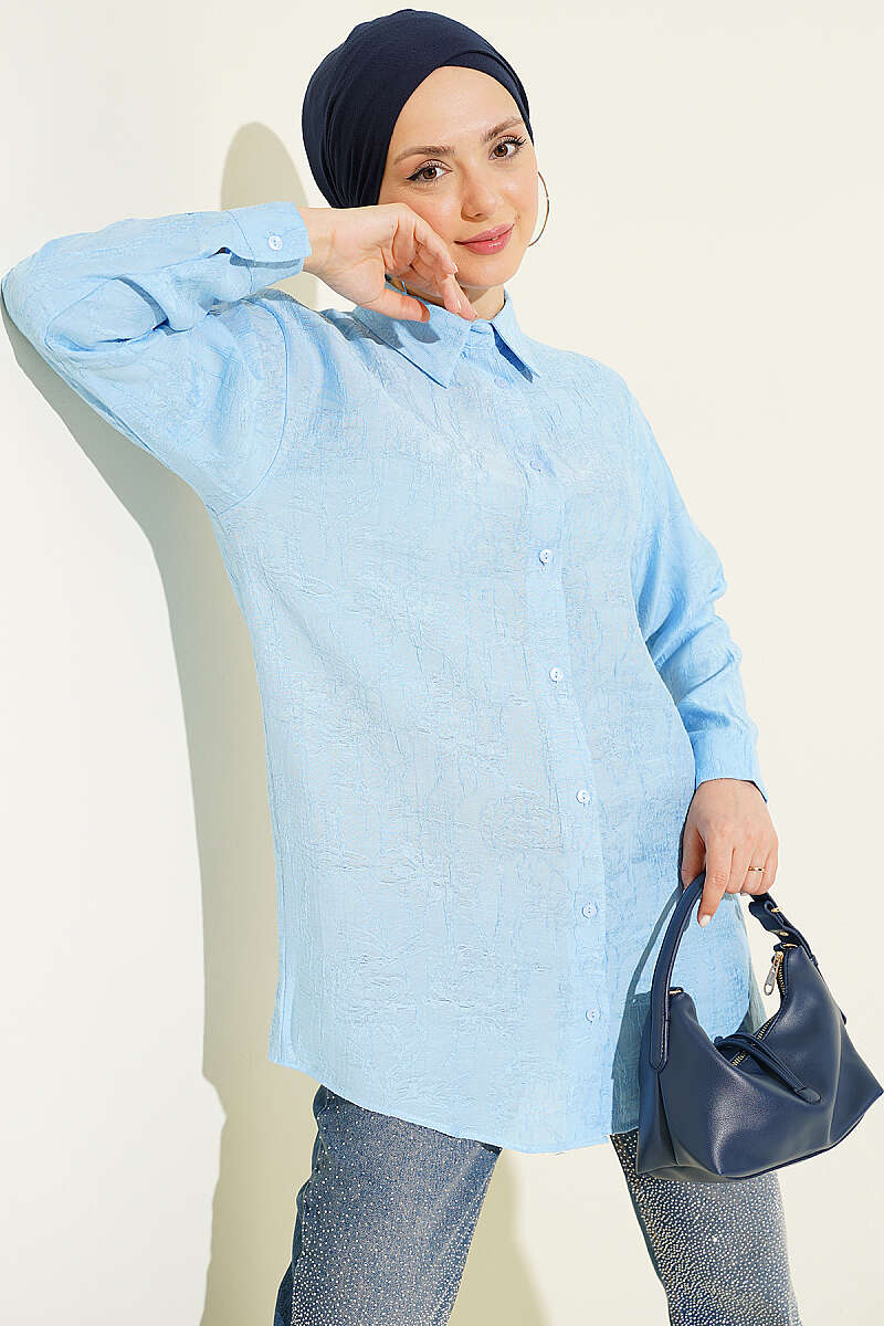 Rose Embroidered Shirt - Blue