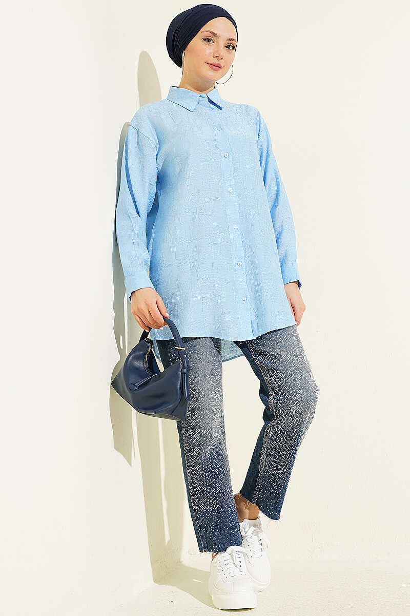 Rose Embroidered Shirt - Blue