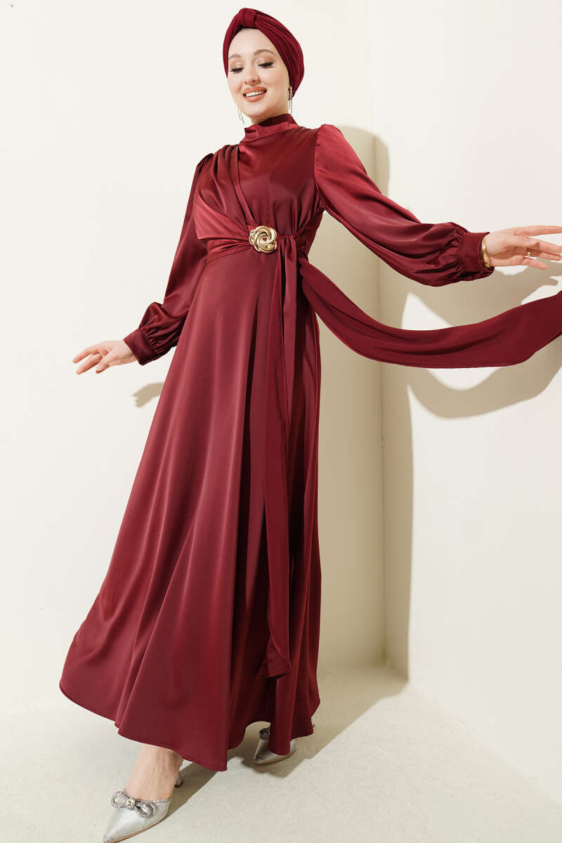 Satin Evening Dress with Rose Buckle - Burgundy