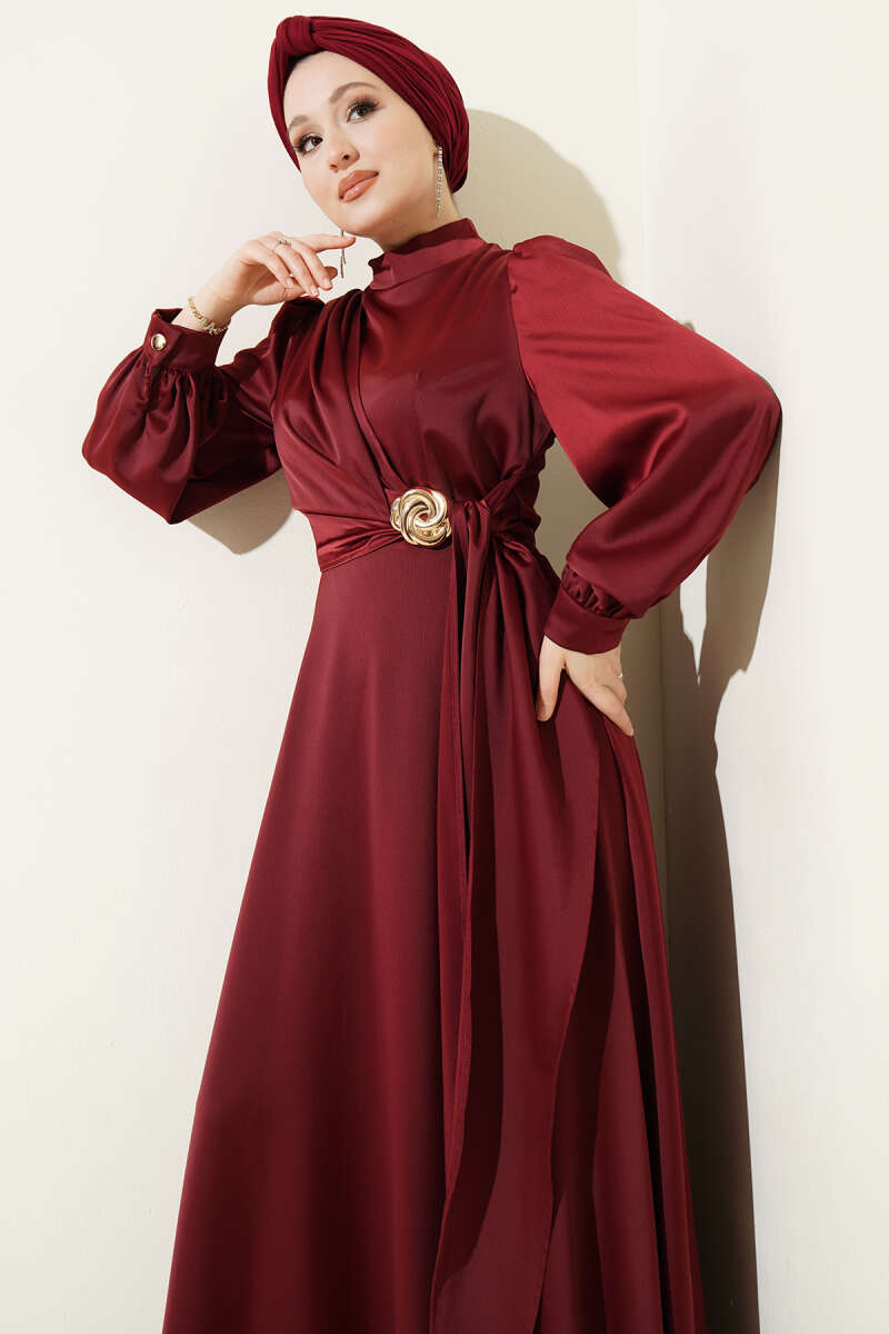 Satin Evening Dress with Rose Buckle - Burgundy