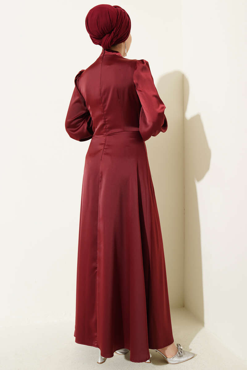 Satin Evening Dress with Rose Buckle - Burgundy