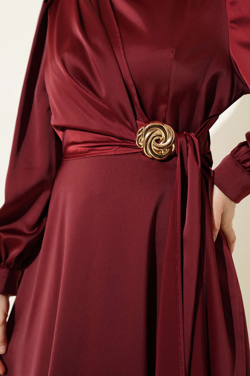 Satin Evening Dress with Rose Buckle - Burgundy