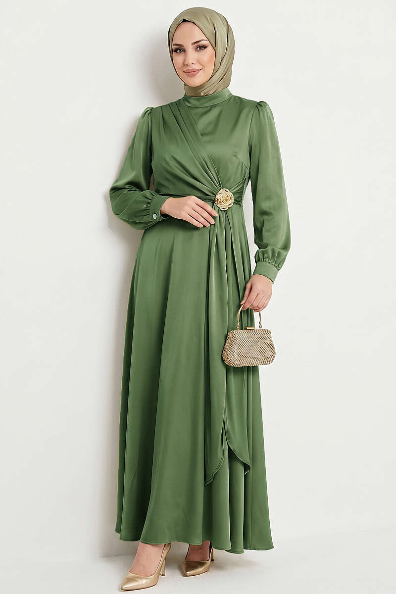 Satin Evening Dress with Rose Buckle - Almond Green