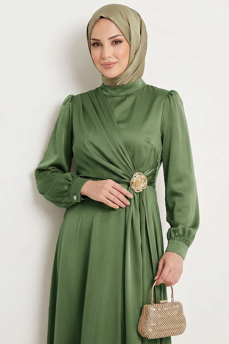 Satin Evening Dress with Rose Buckle - Almond Green
