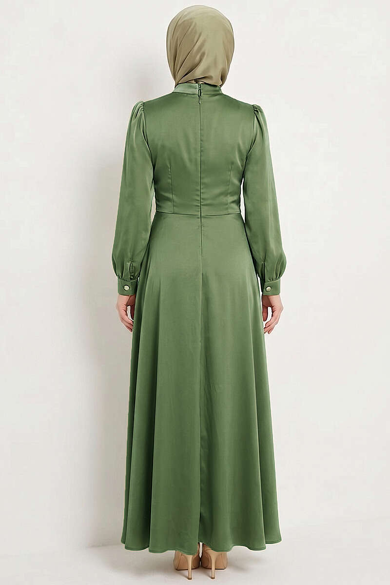 Satin Evening Dress with Rose Buckle - Almond Green