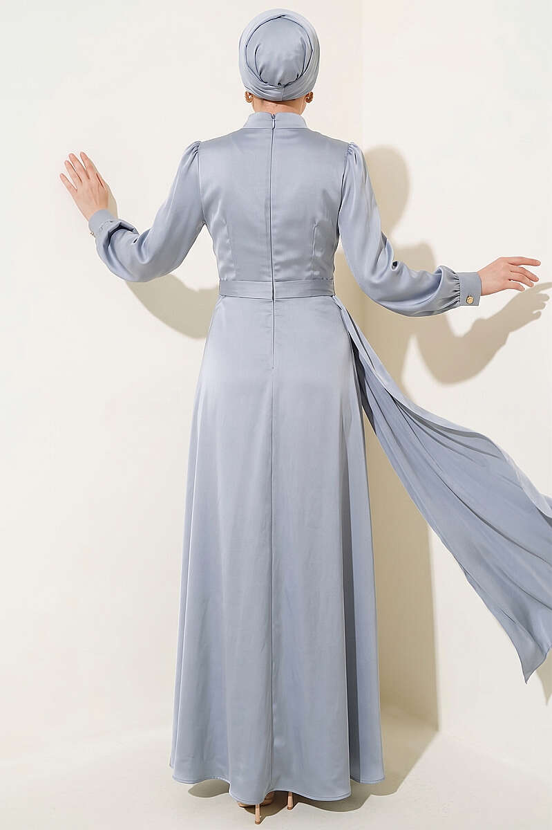 Satin Evening Dress with Rose Buckle - Grey