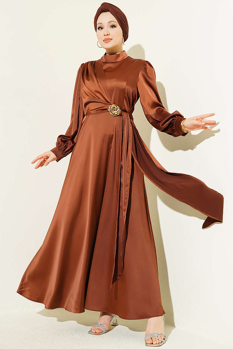 Satin Evening Dress with Rose Buckle - Chestnut