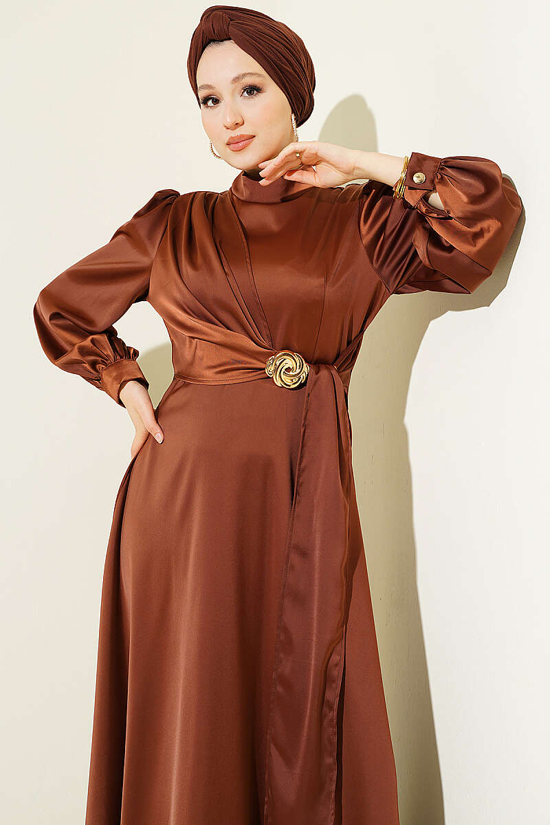 Satin Evening Dress with Rose Buckle - Chestnut