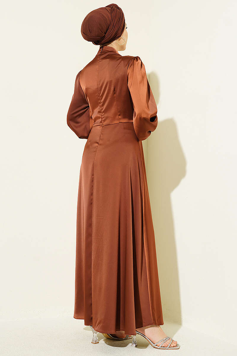 Satin Evening Dress with Rose Buckle - Chestnut