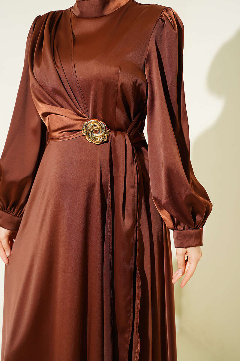 Satin Evening Dress with Rose Buckle - Chestnut