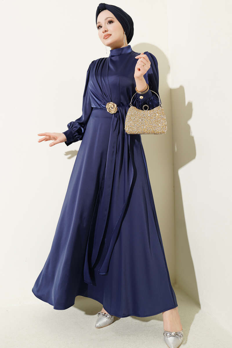 Satin Evening Dress with Rose Buckle - Navy