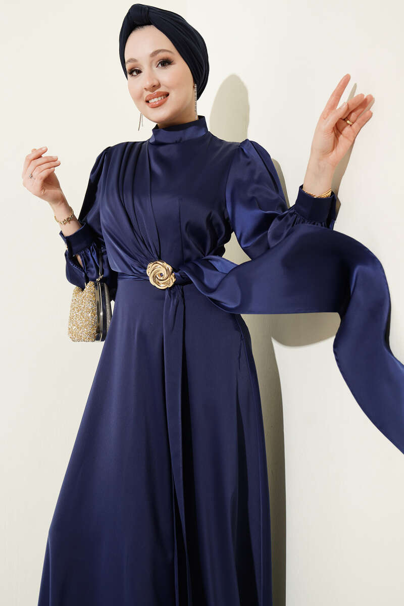 Satin Evening Dress with Rose Buckle - Navy