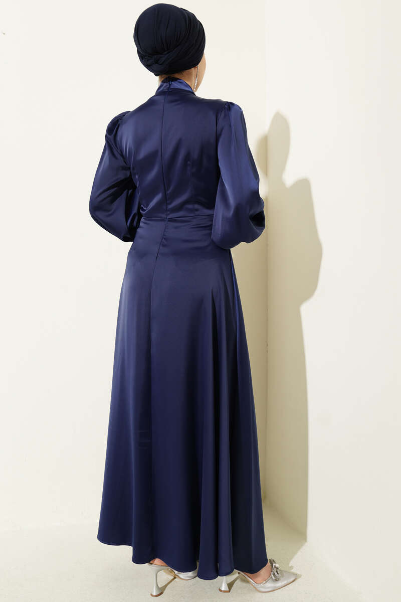 Satin Evening Dress with Rose Buckle - Navy