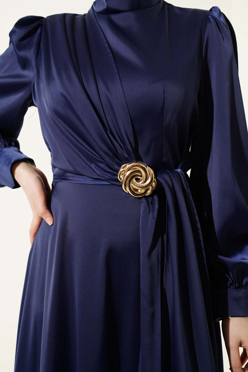 Satin Evening Dress with Rose Buckle - Navy