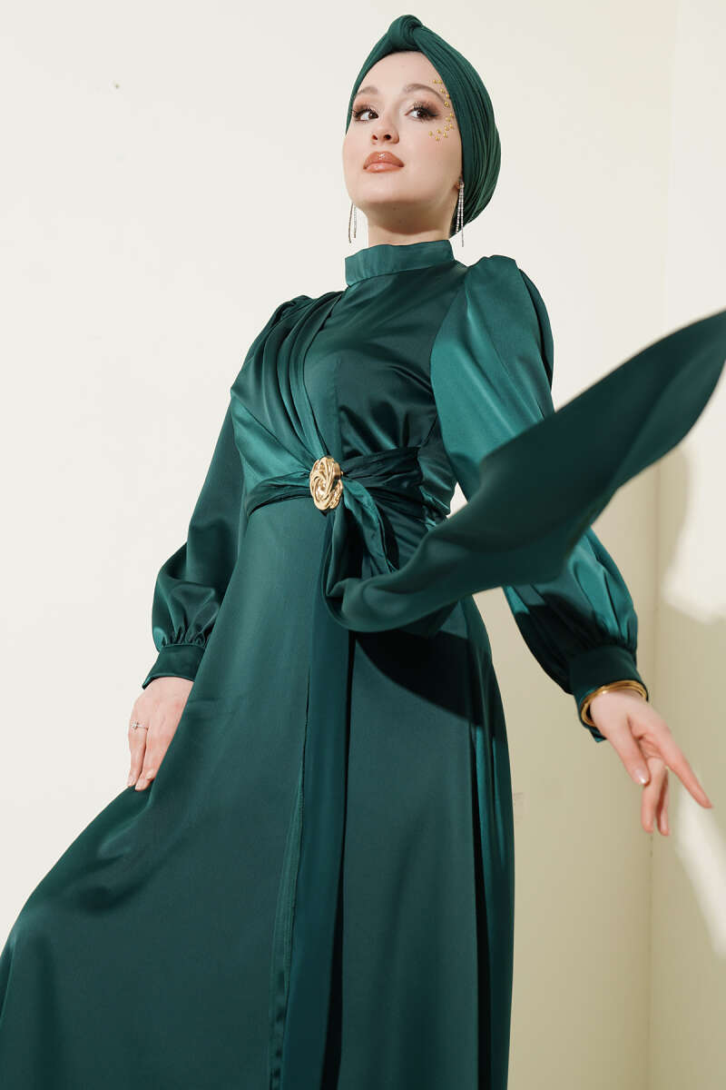 Satin Evening Dress with Rose Buckle - Emerald