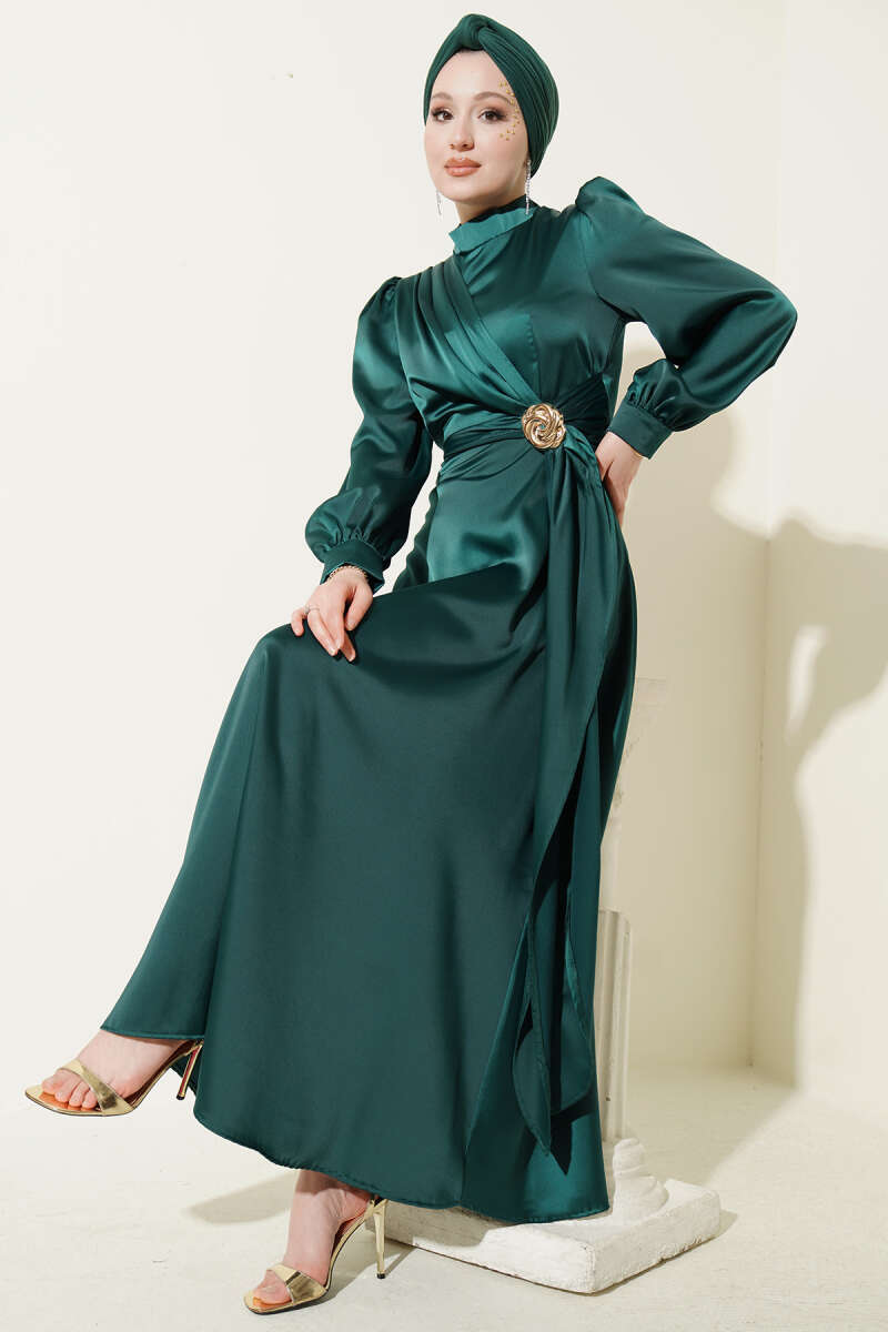 Satin Evening Dress with Rose Buckle - Emerald