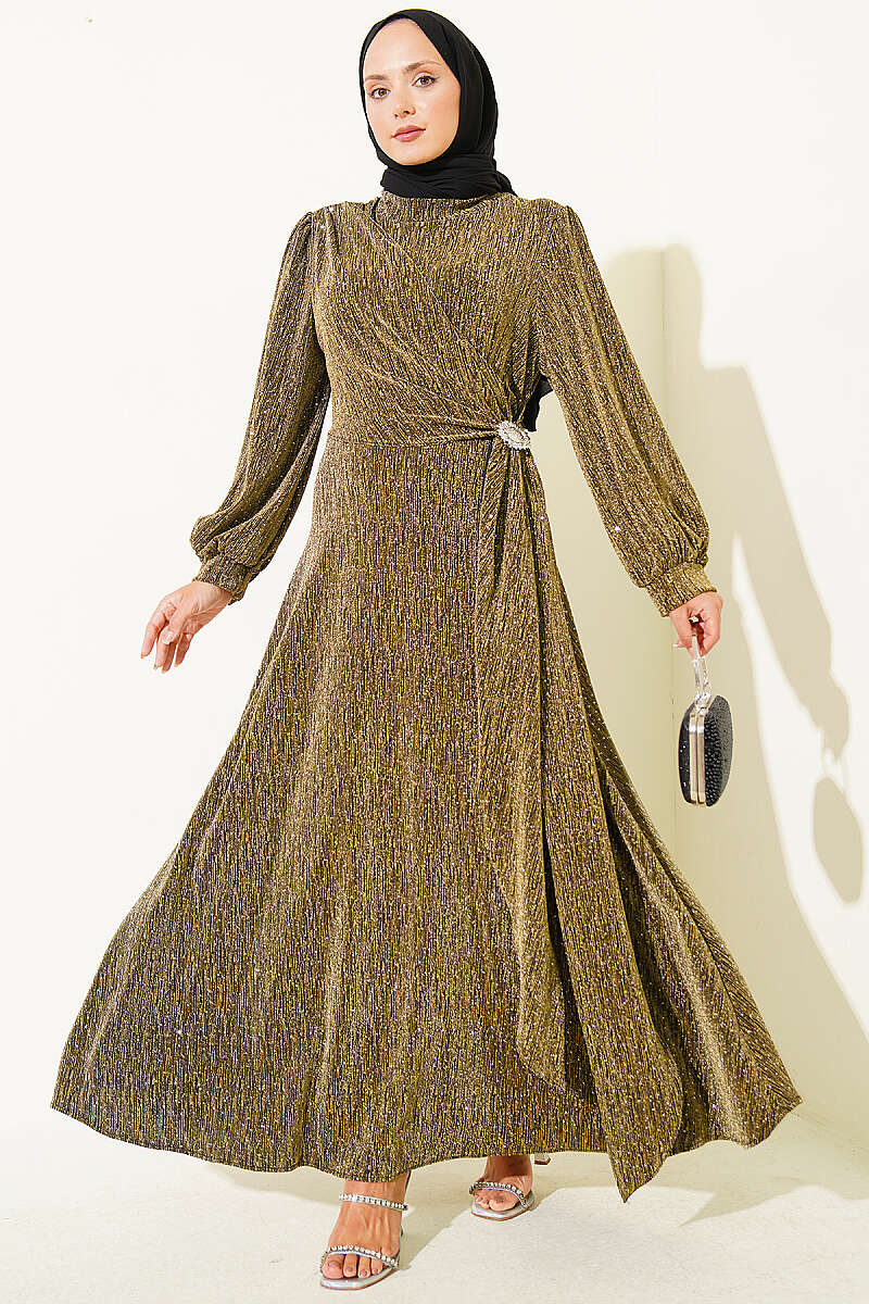 Glitter Evening Dress with Silver Buckle and Stones - Olive
