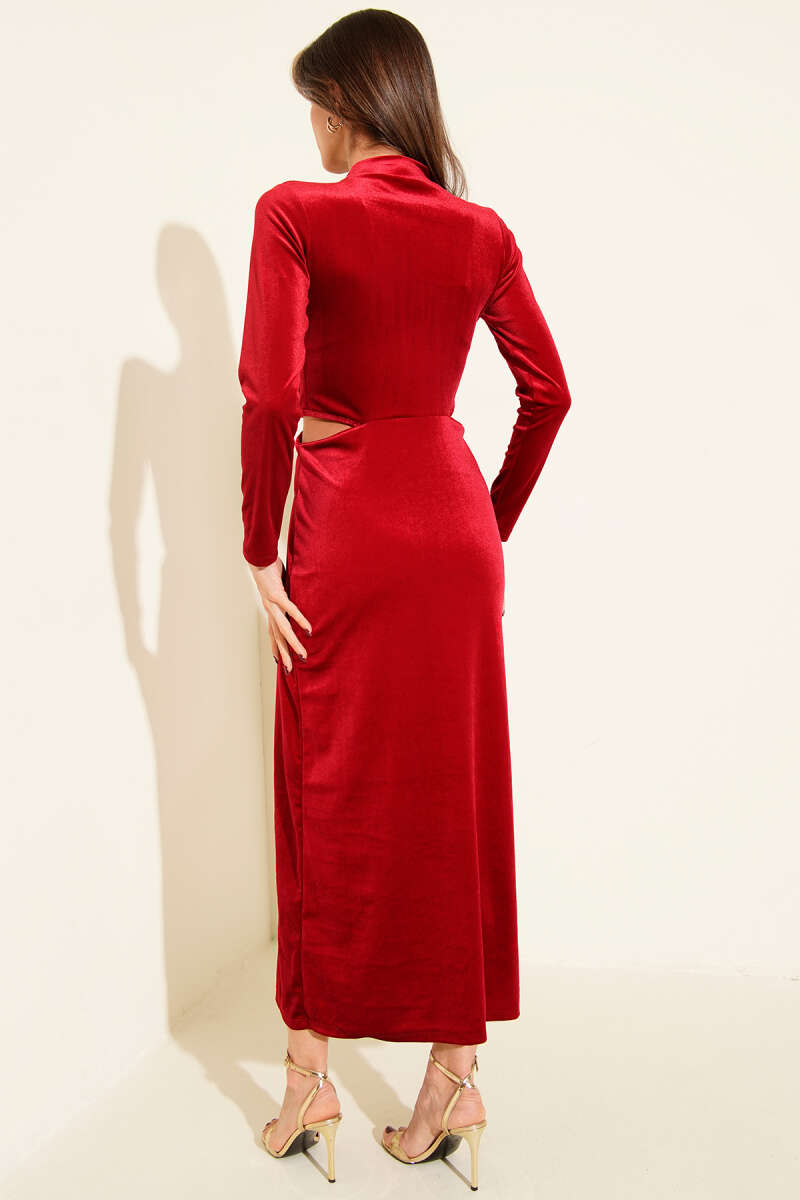 Velvet Dress with Sun Accessory and Slit - Burgundy