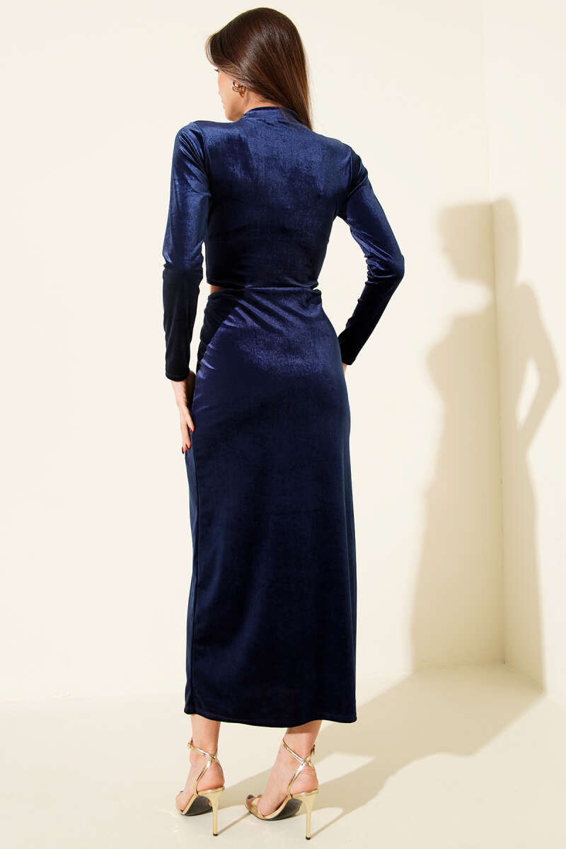 Velvet Dress with Sun Accessory and Slit - Navy