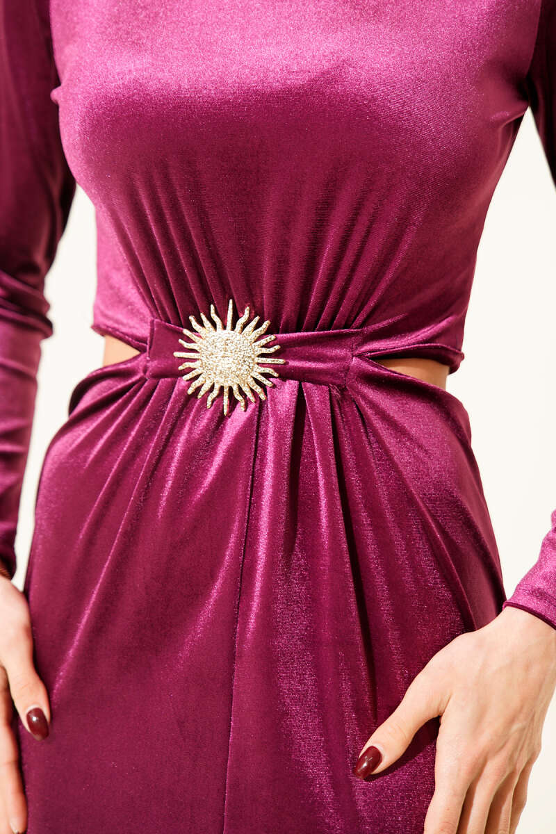 Velvet Dress with Sun Accessory and Slit - Plum