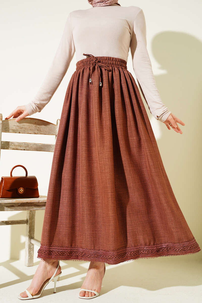 Guipure-Detail Skirt with Elastic Waist - Brown