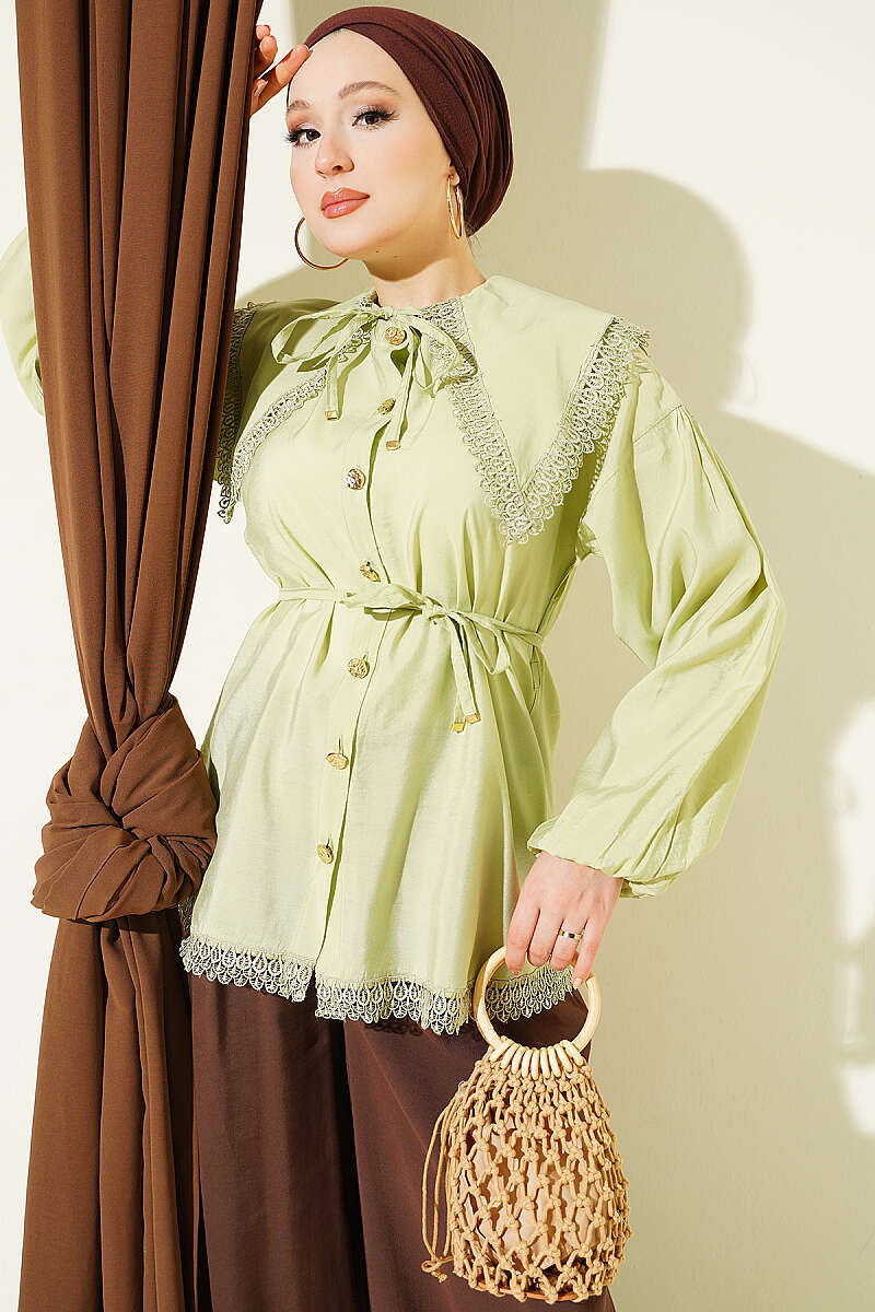 Guipure-Detail Shirt with Elastic Cuffs - Almond Green