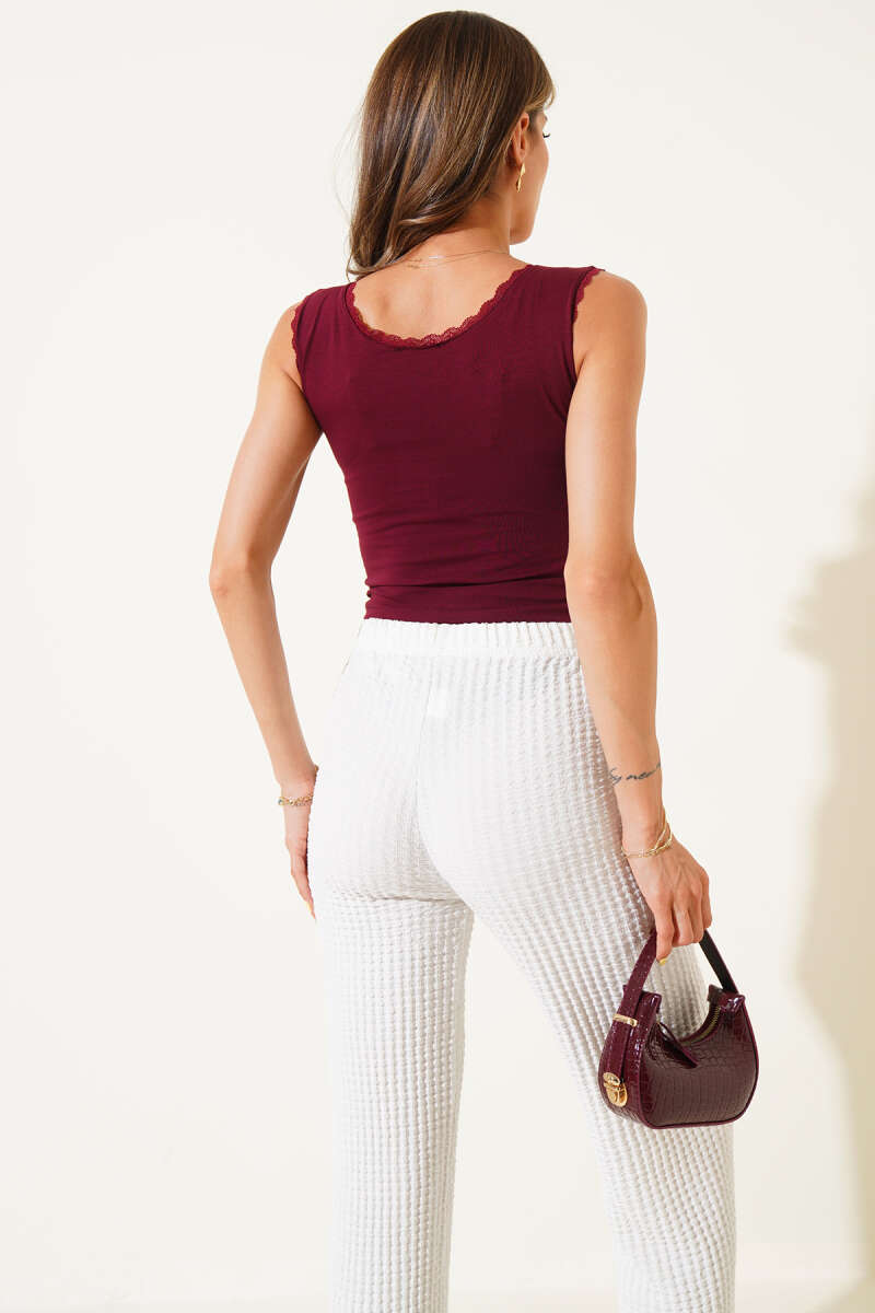 Ruched Crop Top with Guipure Detail - Burgundy