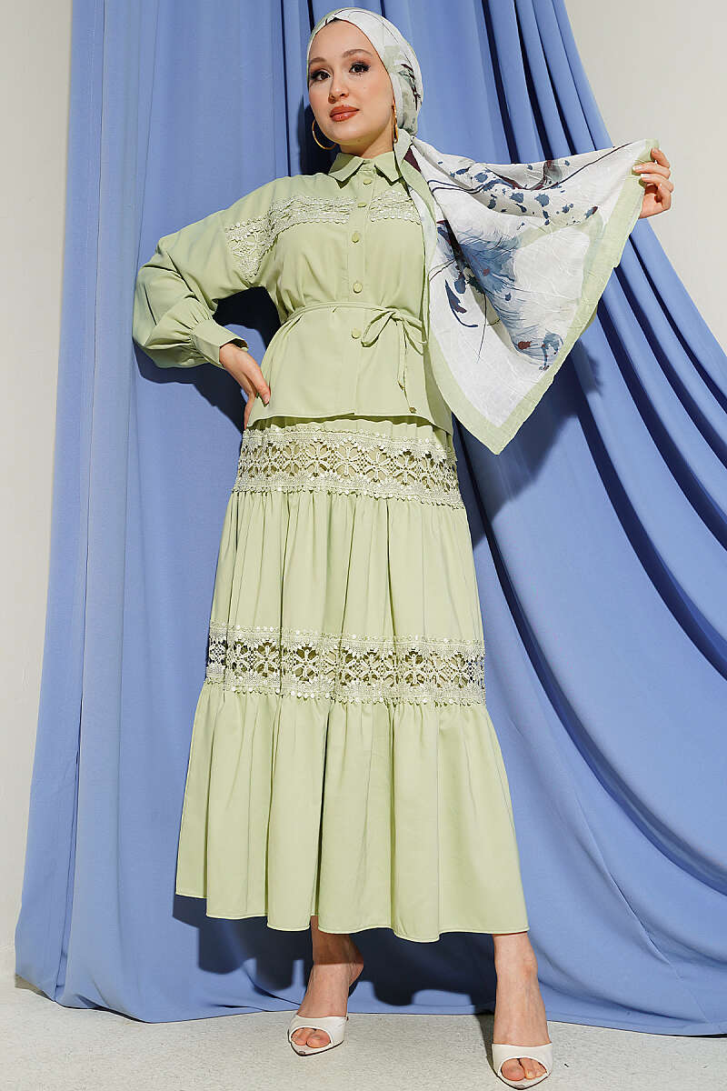 Guipure-Detail Two-Piece Skirt Set - Almond Green