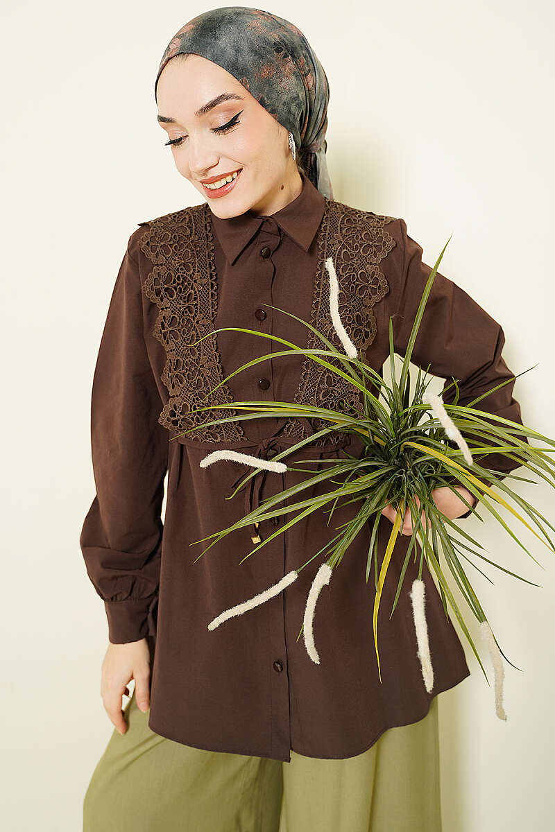 Guipure Lace-Up Shirt - Brown
