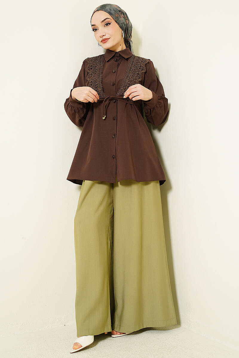 Guipure Lace-Up Shirt - Brown