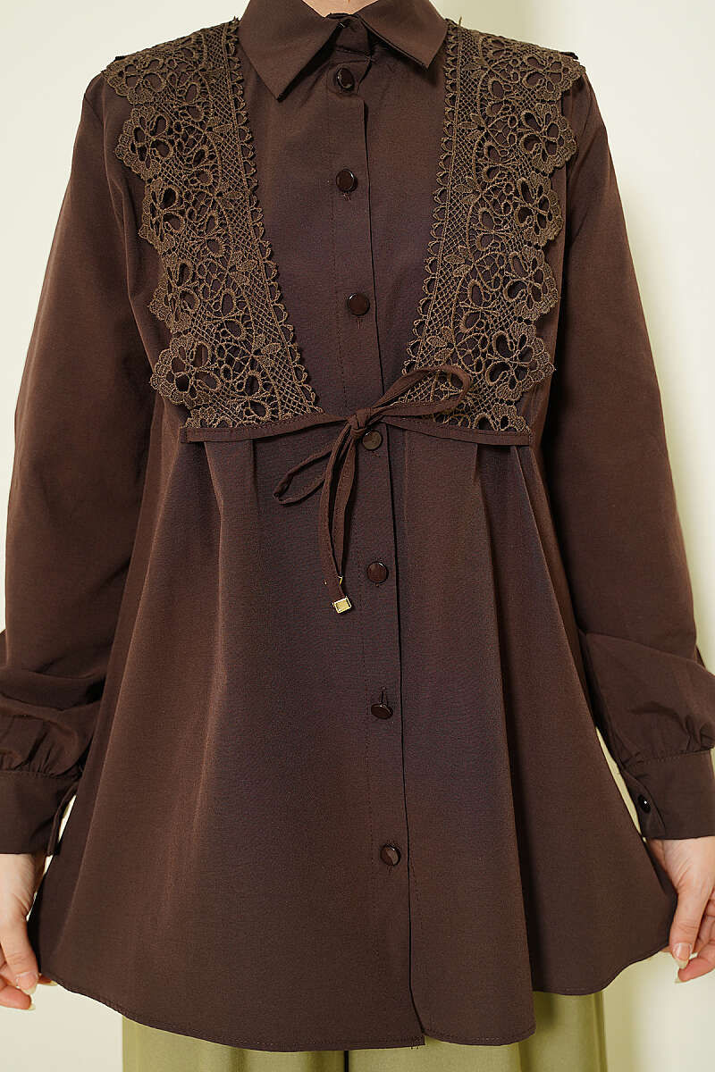Guipure Lace-Up Shirt - Brown