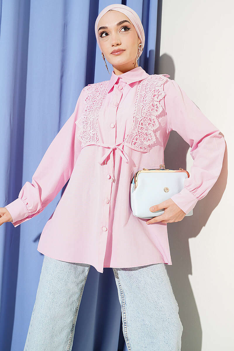 Guipure Lace-Up Shirt - Pink